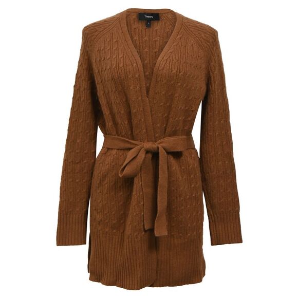 Theory Malinka Belted Cable-Knit Cardigan in Brown Cashmere - Picture 1 of 6